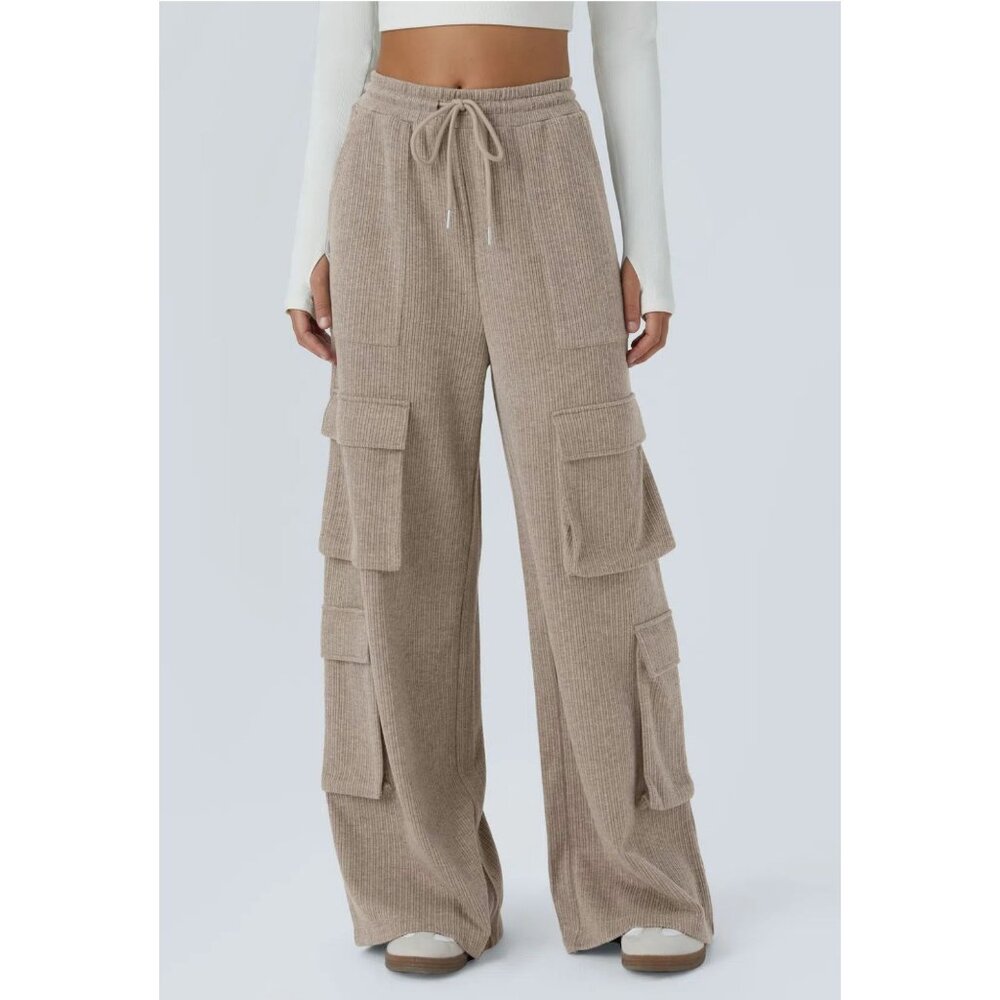 Halara Ribbed Mid Rise Drawstring Multiple Pockets Wide Leg Cargo Casual Pants